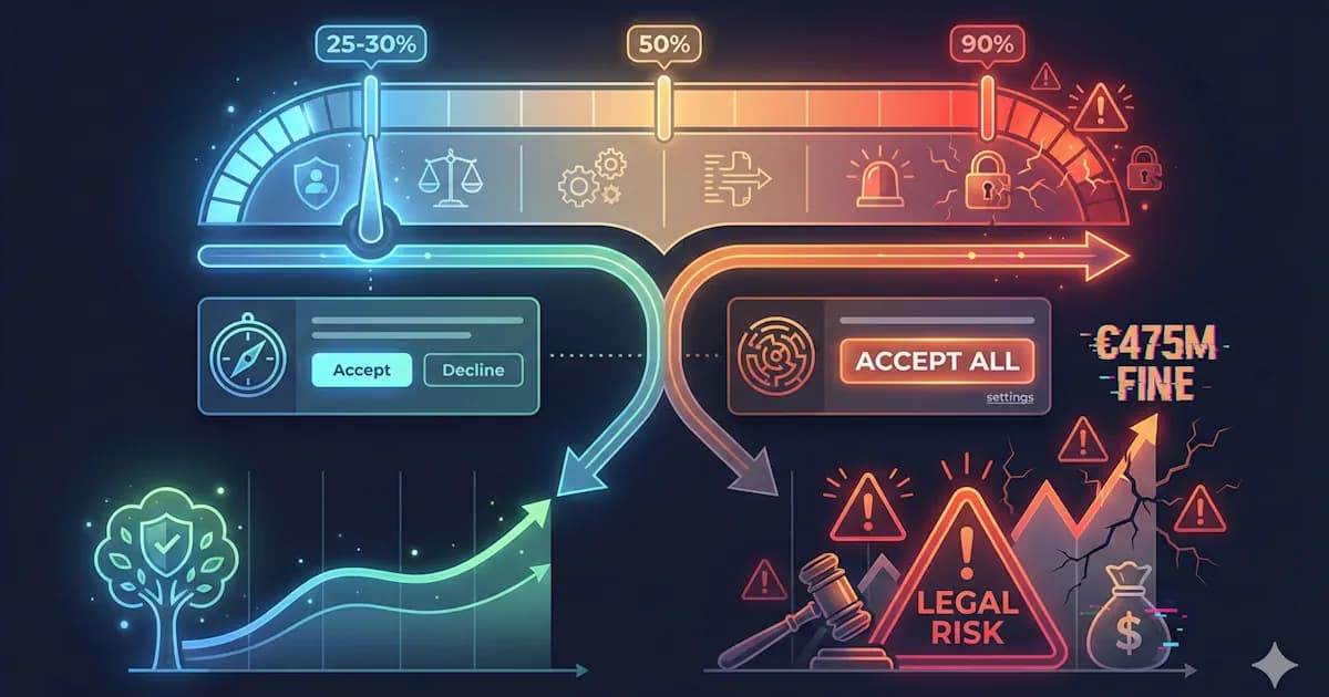 Analytics dashboard showing cookie consent acceptance rates and A/B testing results