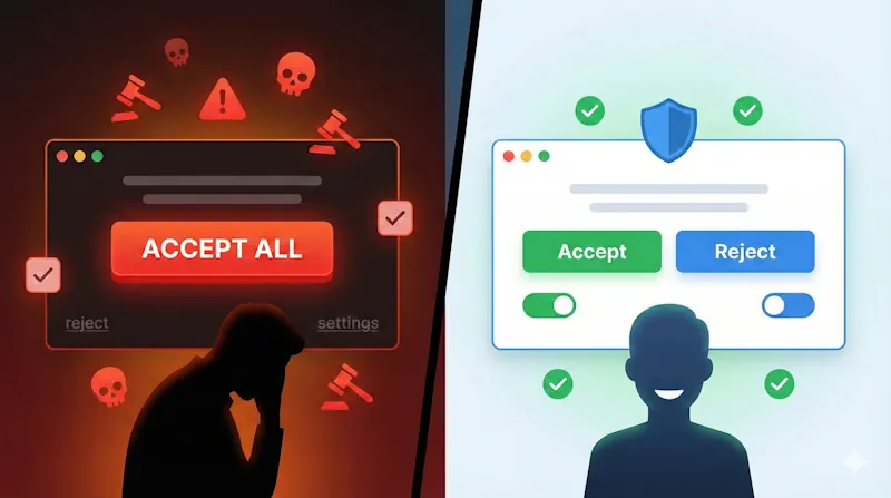 Examples of dark pattern cookie banners with manipulative button designs