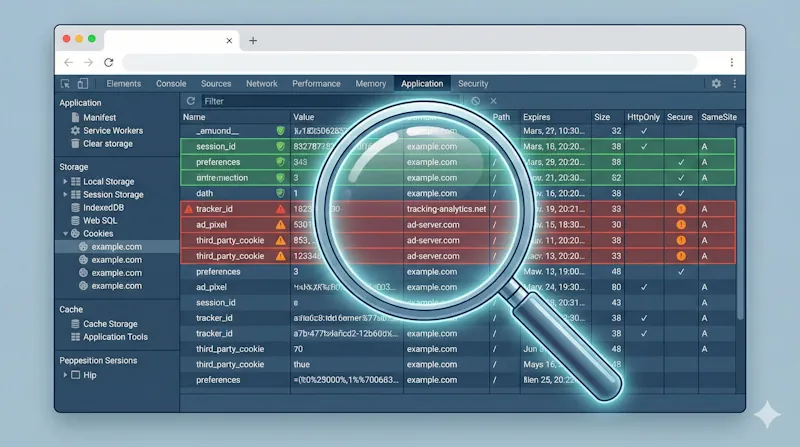 Chrome DevTools Application panel showing cookies and storage inspection