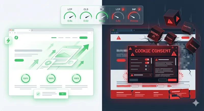 Core Web Vitals metrics showing LCP, CLS, and INP thresholds